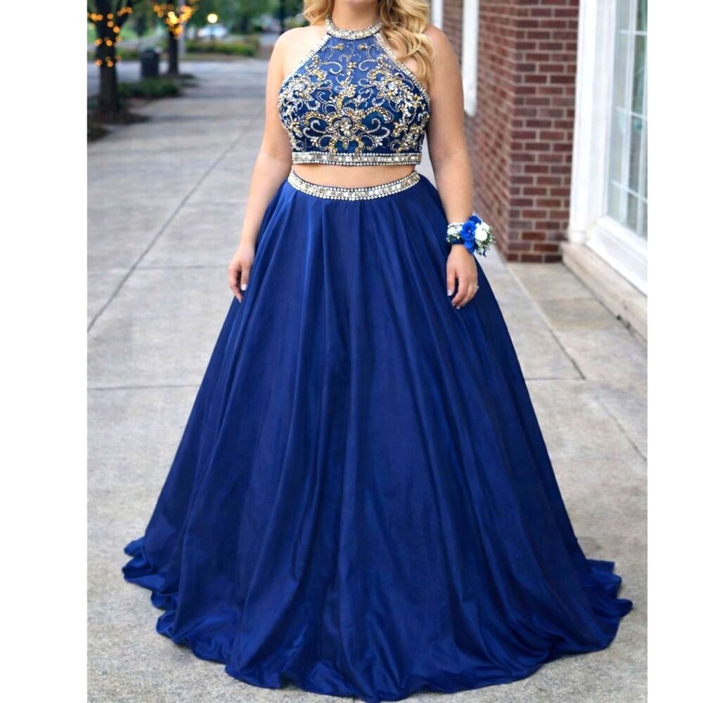 Pink by Alexia Designs Two-Piece Beaded Prom Gown Navy Blue Size 12 NWT